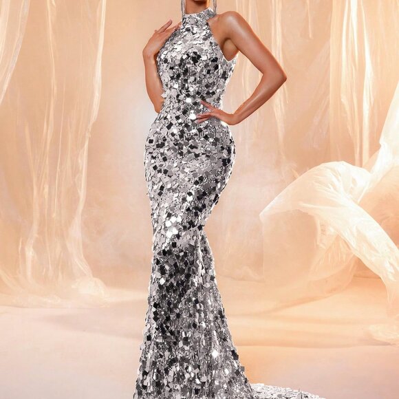 Silver Sexy Women's Sleeveless Backless Sequin Floor Length Evening Gown - Picture 6 of 6